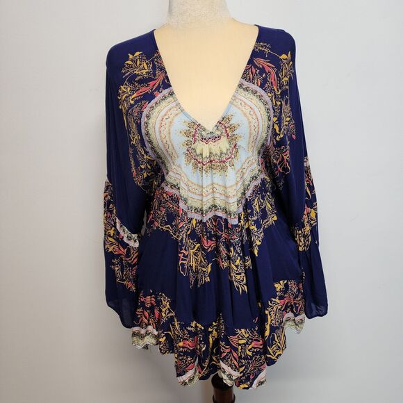 Free People Bohemian Tunic Top Size S V-Neck High Low Flare Sleeve Sunset Dreams - Picture 2 of 16